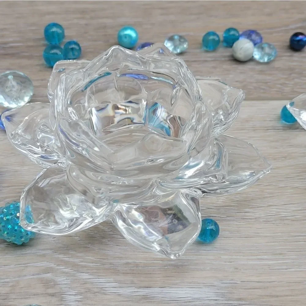 Lotus glass candle holders  with blue beads These are stunning! Pair of tabletop